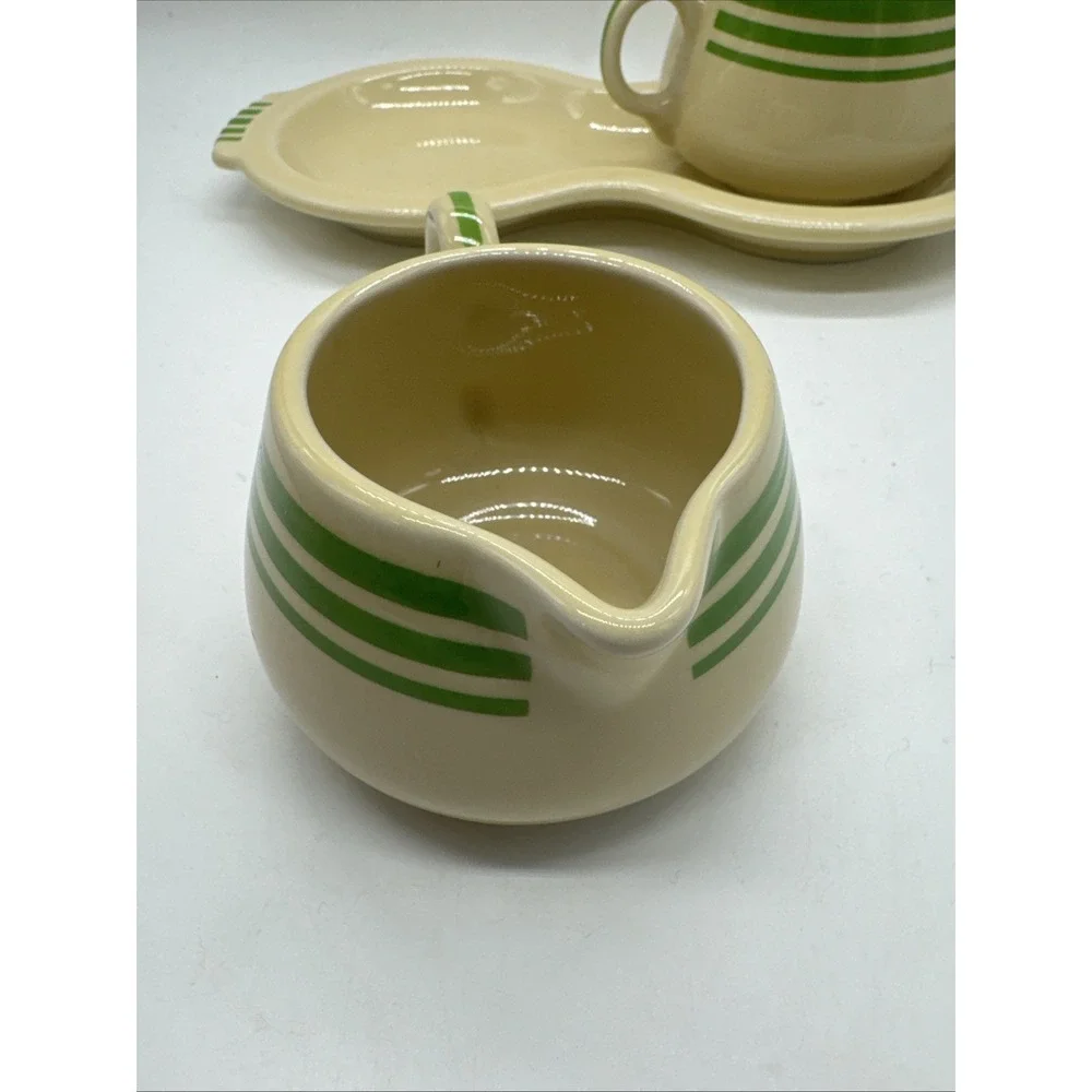 Fiesta Ware HLCCA  Covered Sugar Bowl & Creamer Figure 8 Tray Green Stripe
